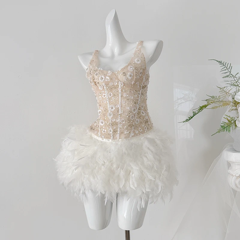 

Luxury Feather Sequins Mini Dress Women Diamond Beading Sleeveless Fishbone High Waist Slim-fit Short Dresses Evening Party