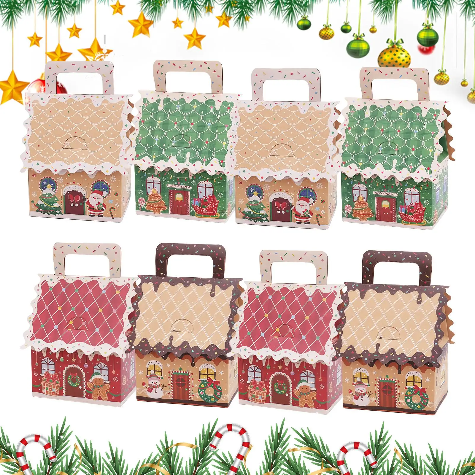 

Рождественские коробки для печенья, 8 шт., сезонная упаковка для подарков с ручкой, рождественские контейнеры для вечеринок, домашнего офиса
