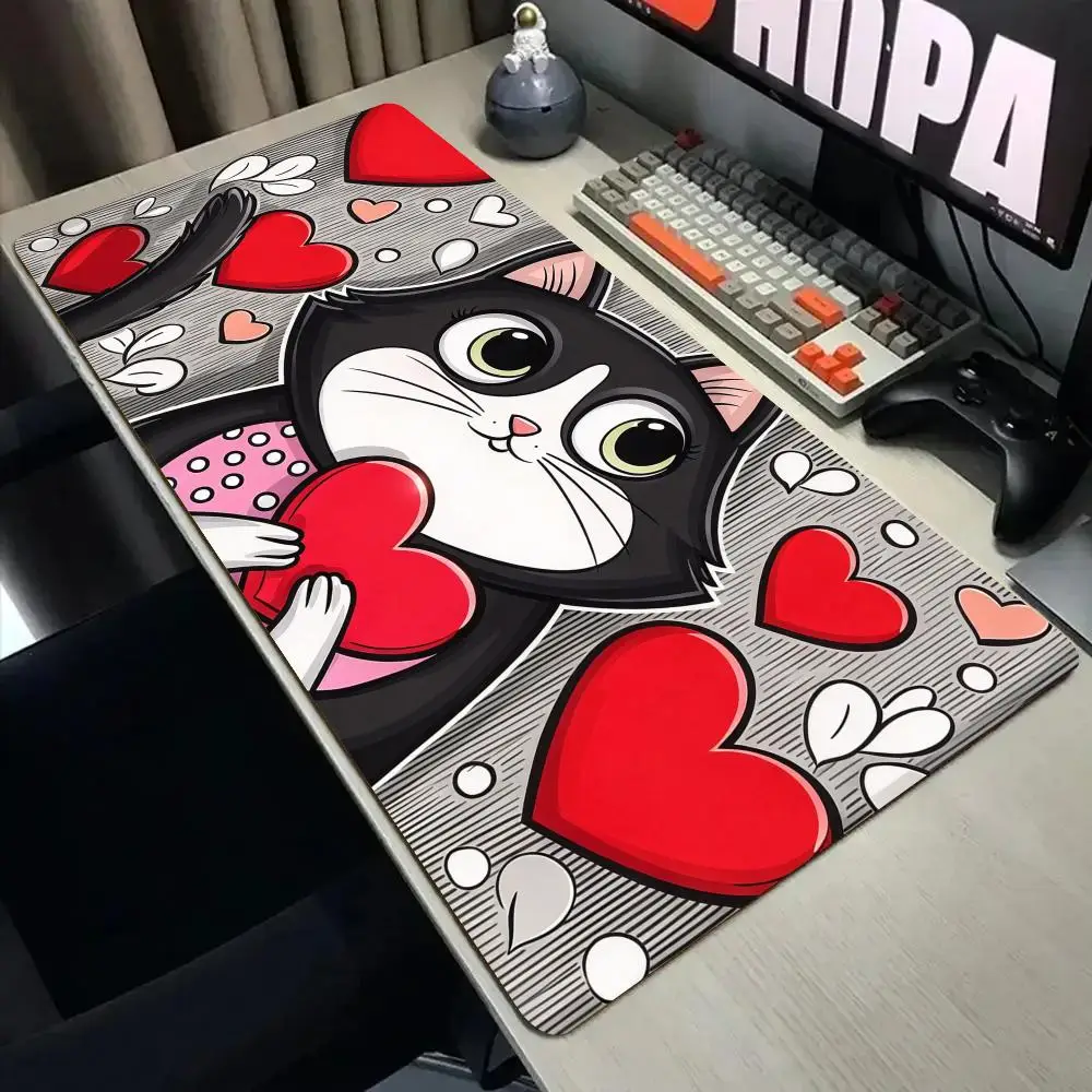 Red Heart and Black Cat Mouse Pad Desk Mat Large Computer Office Carpet XXL Mousepad Gamer Gaming PC Accessories Keyboard Rug