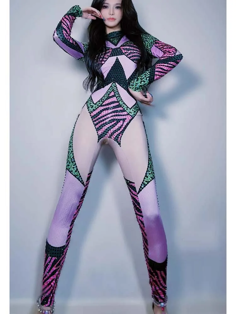 High Quality Rhinestone Elastic Color Blocked Jumpsuit 2025 New Fashion Custom Women'S Clothing