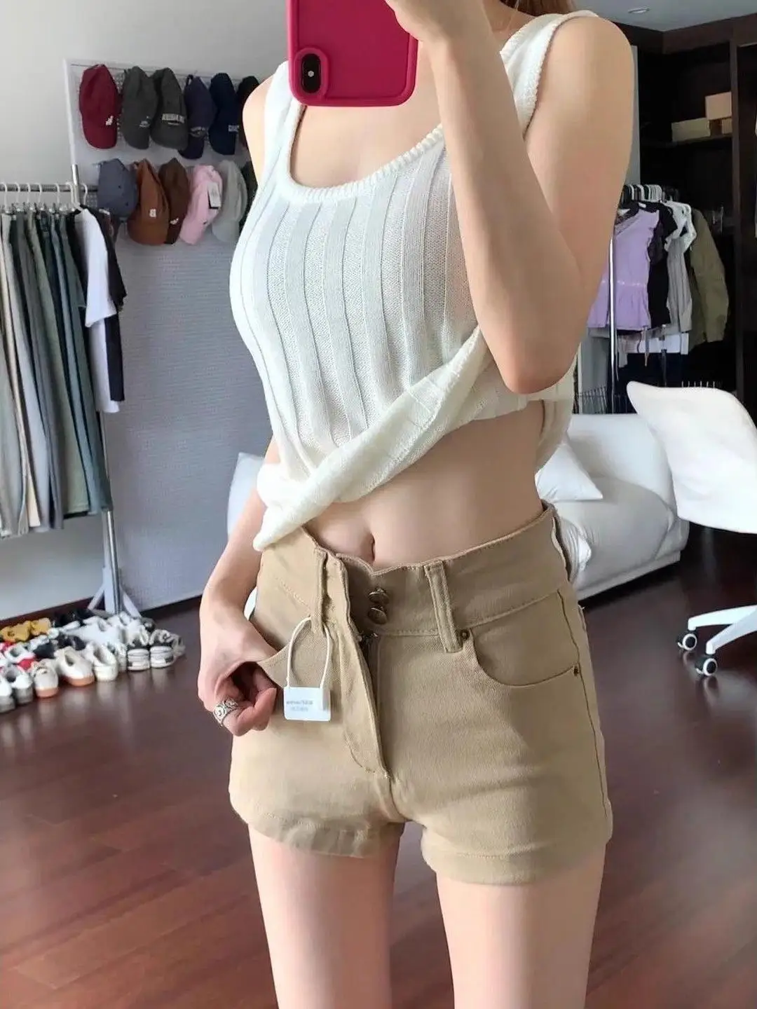 

American Sle Retro High Waist Wide Leg Jeans orts Women's Summer Thin Loose Khaki Color Hot Pants Casual Loose Fit orts