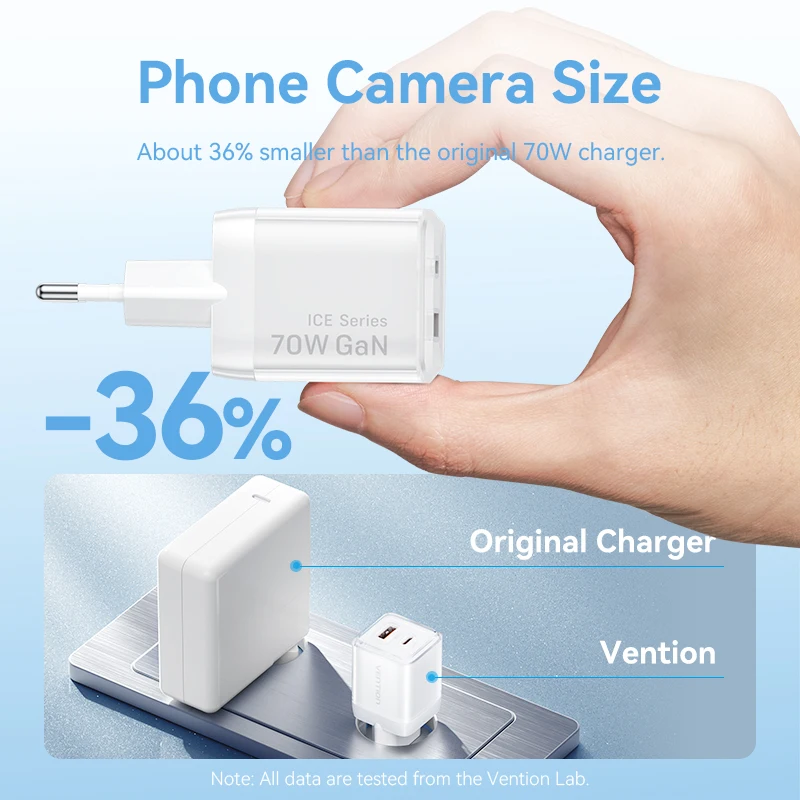Vention 70W GaN Charger USB Type C Charger PD QC PPS Portable Fast Charge For iPhone 16 15 14 13 Pro Max Samsung Laptop Charger