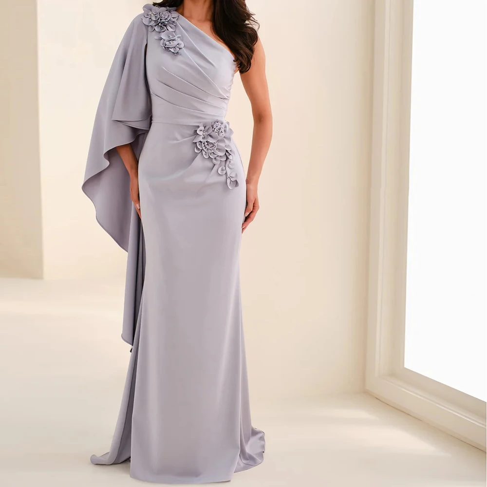 

Customized Mermaid Evening Dresses Floor-length One-shoulder Sleeveless Prom Gown Fashion Flowers Simple Stole Draped Party Gown