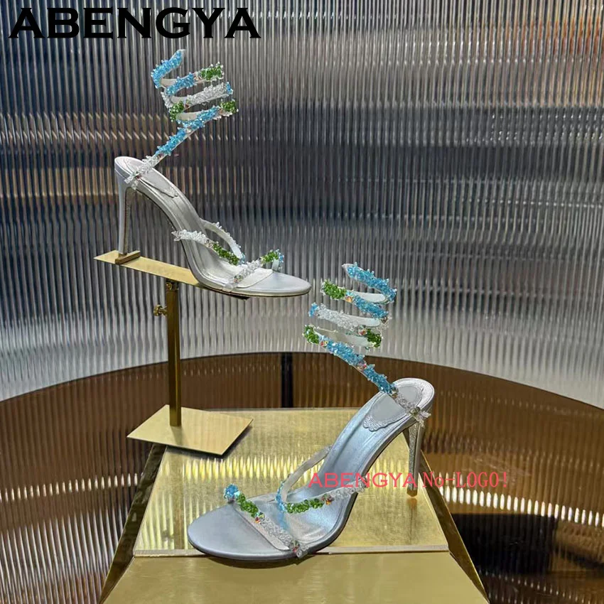 

ABENGYA Snake Shaped Elastic Strap Sandals Women Glisten Crystal Decor Sandalias Female Summer Dress Shoes Pumps Wedding Shoes