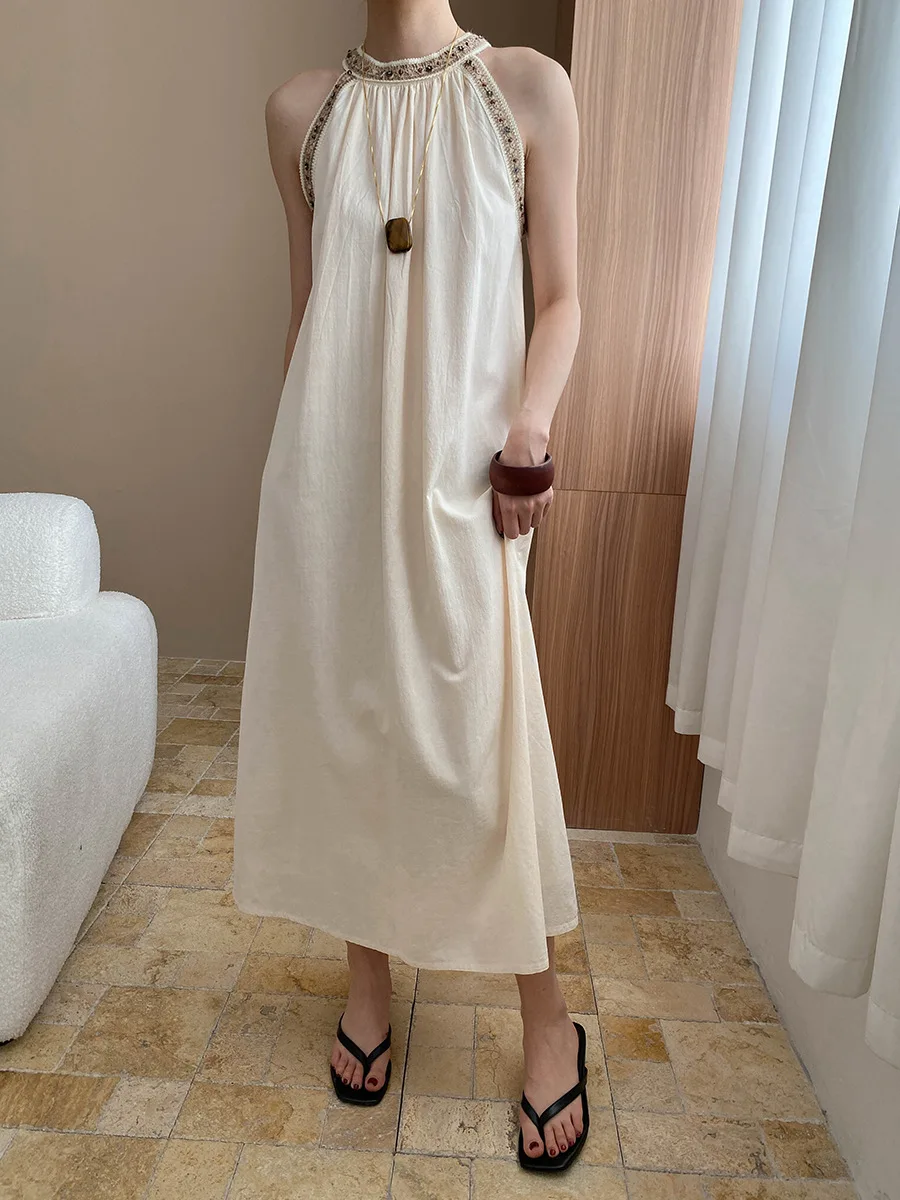 

Spring and summer women's casual solid color hanging neck sleeveless loose dress