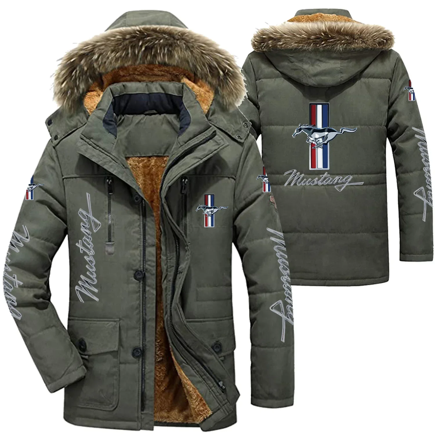 Mustang Logo Men\'s Winter Cotton Jackets Hooded Parkas Lamb Fur Lining Plush Men Cold Thickening Fashion Motorcycle Jacket