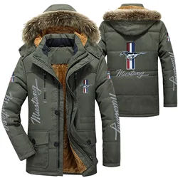 Mustang Logo Men's Winter Cotton Jackets Hooded Parkas Lamb Fur Lining Plush Men Cold Thickening Fashion Motorcycle Jacket