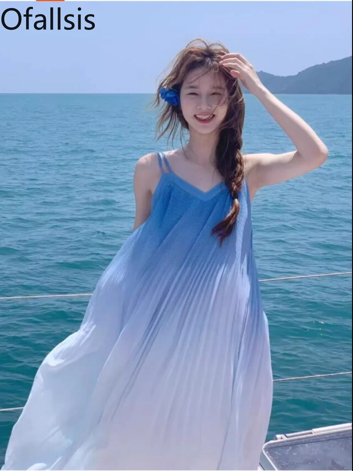 Ofallsis Grandient Blue Color Vacation Beach Dress 2024 Summer New Sweet Fairy Strapless Loose Thailand Bali Photo Long Dresses