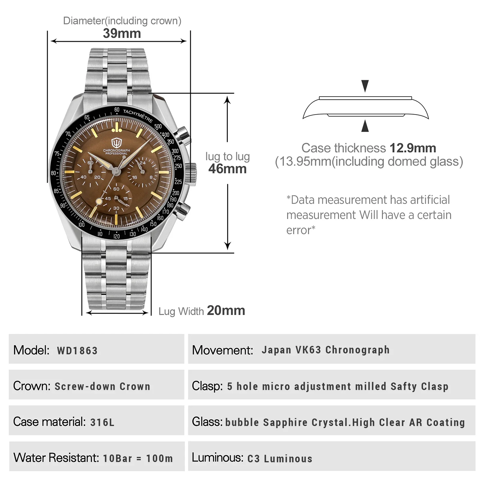 Watchdives WD1863 39mm Watch VK63 Quartz Chronograph Movement