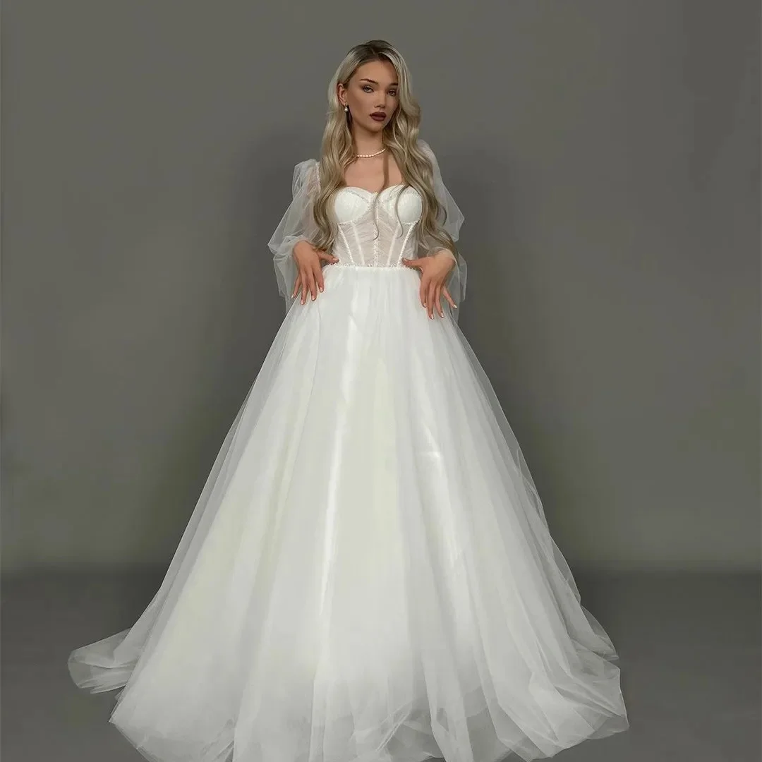 

Tulle Wedding Dress Long Sleeves Zipper Back A-Line Beach Bride Gown Vestidos De Novia 2024 Robe de mariée New Women Party Dress