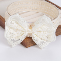 Cream Lace Baby Headbands for Newborn Princess Boys Girls Wide Rhinstone Pearl Hairbands Kids Headwear