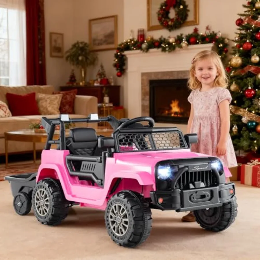 Ride on Car with Detachable Trailer for Outdoor Play, ABS Plastic Body in Pink, 12V Battery Power with Parent Remote Control, L