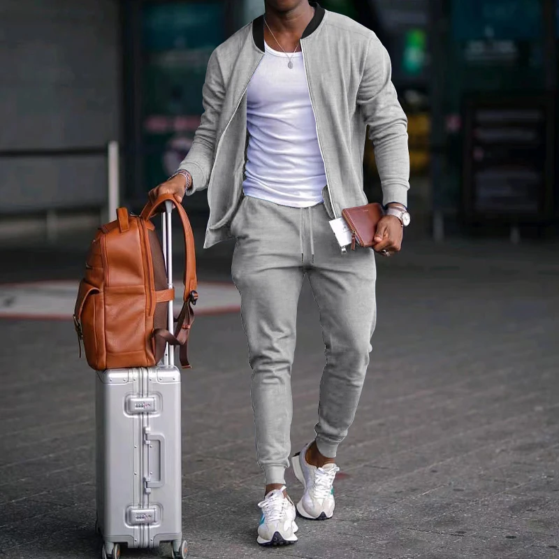 Mens Fashion Color Block Outfit Set-Stylish Zip-Up Jacket with Drawstring Joggers-2-Piece Long Sleeve Ensemble for Outdoor Style