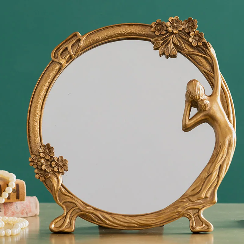 

European Retro Net Red Mirrors Makeup Mirror Home Bedroom Desktop Portable Decorative Dressing Mirror Ornaments House Decoration