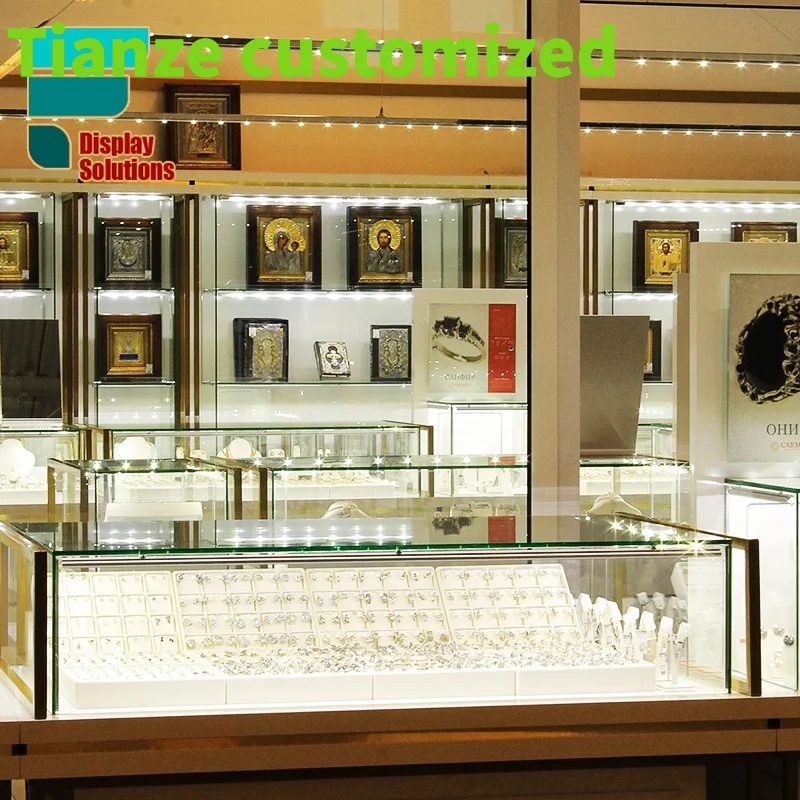 Customized-Luxury Jewellery Shop Counter Design Showcase Glass Jewelry Display Counter With Spot Lights Jewellery Showroom Count