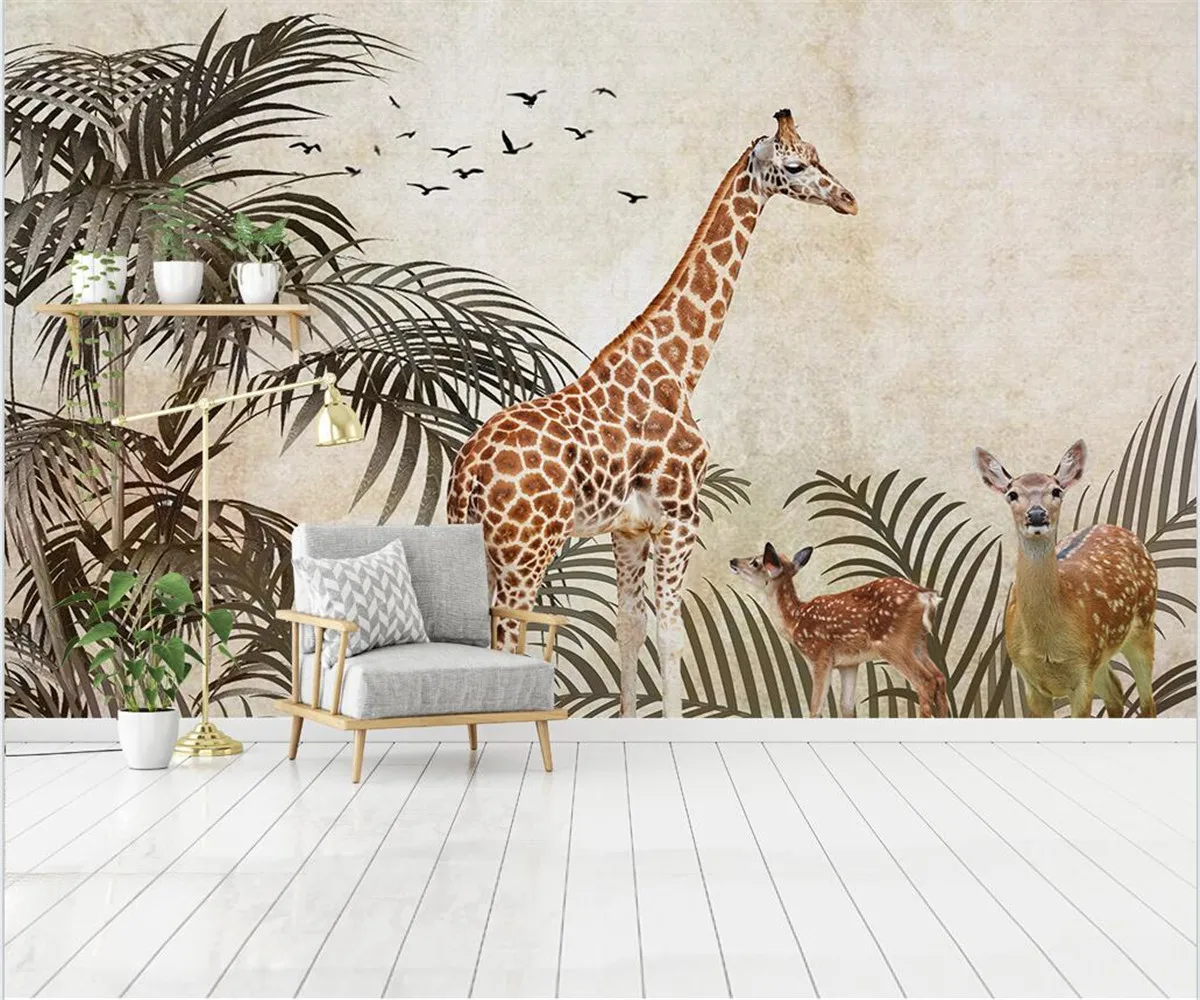 papel de parede Custom modern new bedroom living room decoration painting tropical plant giraffe background wallpaper