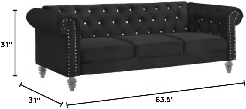 Velvet Three Seater Chesterfield Style Sofa for Small Spaces with Crystal Button Tufts, Black