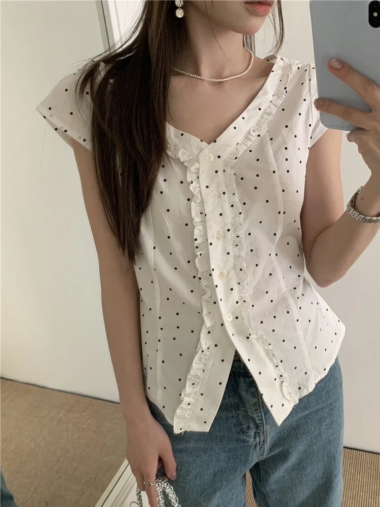 

Polka Dot Lady irt Women's Summer New Korean Sle Sweet V-ne Waist Cinch Slimming Belt Ladylike ort Sve Top
