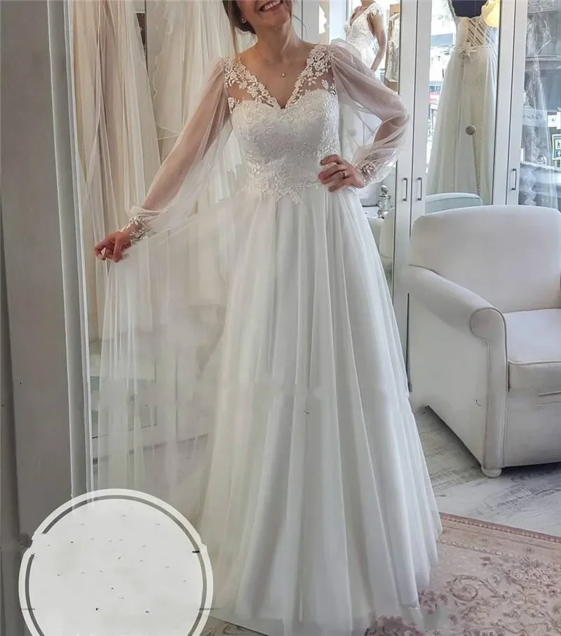 2024 Beautiful V Neck Lace Puffy Sleeve Wedding Dresses A Line Bohemian Arabic Plus Size Vestido De Noiva Appliques Bridal Gowns