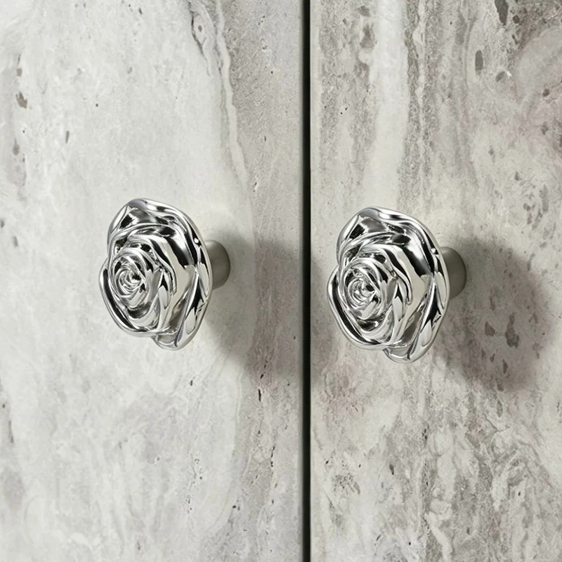 2Pcs RoseShape Solid Brass American Silver Rose Knob French Cabinet Handle Bright Chrome Wardrobe Door Handle Furniture Hardware