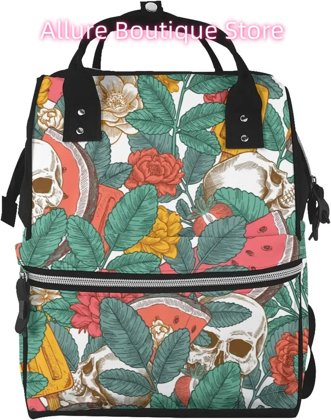 

Watermelon Leaf Skull Diaper Bag Backpack for Women Large Capacity Nappy Bag Multifunction Waterproof Mummy Backpacks for Mom Da