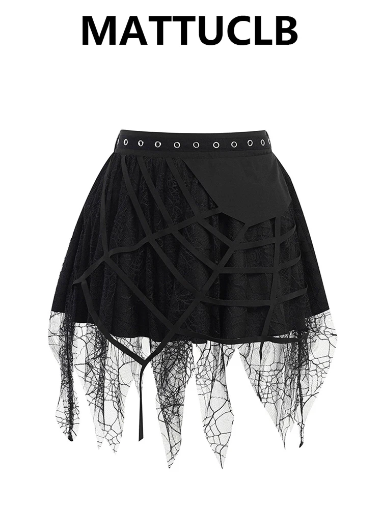 

2025 Autumn Winter Women Cyber Punk Dark Academia Irregular A-line Mini Mesh Skirt 2000s Goblin Core Y2k Gyaru Harajuku Goth