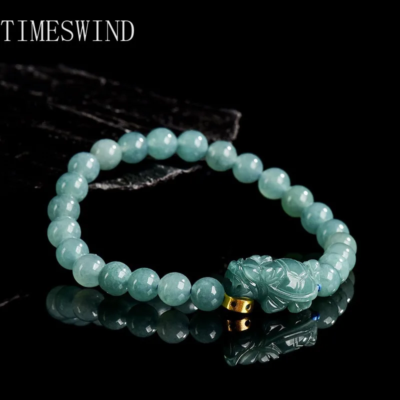 

TIMESWIND Authentic Jade Blue Natural Round Beaded Coin Dragon Turtle Wealth Women Bracelet with Certificate
