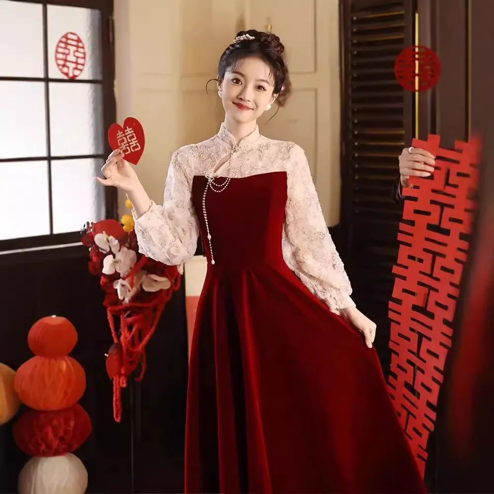 

Long Sleeve Velvet Wedding Party Dresses Bridal Burgundy Vintage Improved Simple Qipao Women's New Chinese Style Toast Clothes