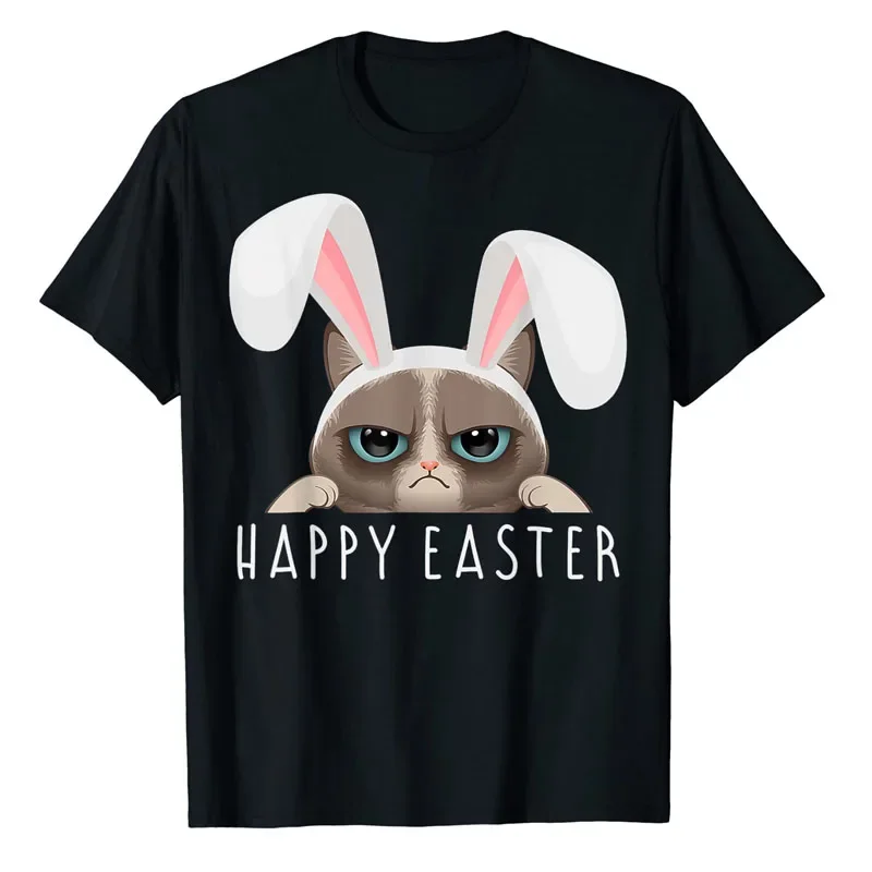 Cute Kitty Lover Graphic Tee Y2k Top Family Novelty Gifts Happy Easter Bunny Funny Pajama Dress Cat Party Rabbit Ears T-Shirt