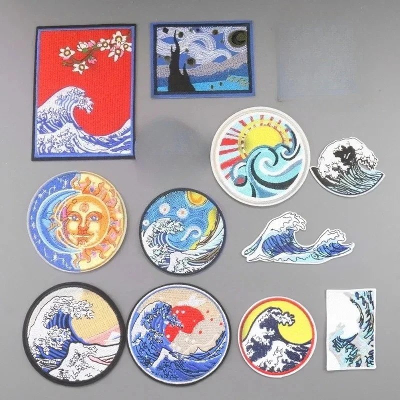 Computer Embroidery Round Adhesive Hole Patch Decal Wave Sunrise Burning Edge Cartoon Clothing Accessories Embroidery Supplies