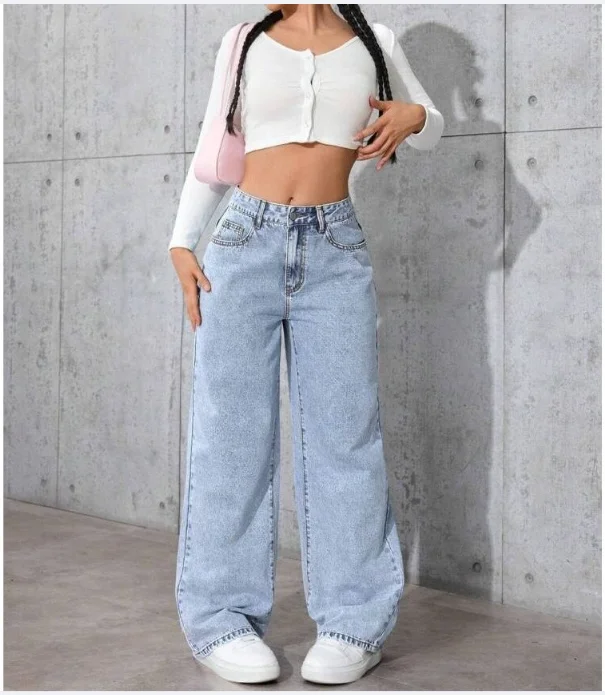 Gewaschene gerade Denim-Hose für Damen, weites Bein, Vintage-Schleppjeans, Distressed-High-Street-Hose, lässige Streetwear