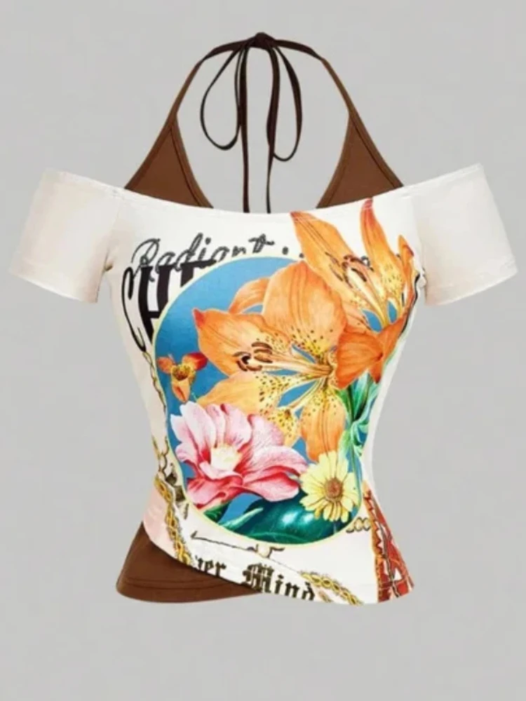 Gothic Printed Women's Y2K Fake Two-Piece Camisole Slim Fit Grunge E-Girl Shoulder And Navel Exposed Casual Party Top