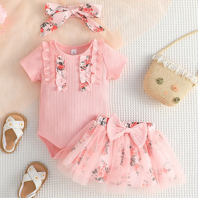 Summer Girls Outfit Sets Cute Flowers Short Sleeve Bodysuit+Bow Mesh Skirt+Hair Band Baby Newborn Items Toddler Clothes BC1349