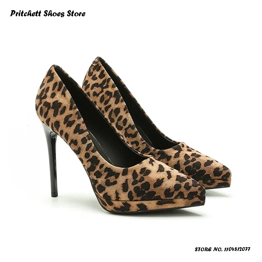 

Сексуальные женские замшевые туфли-лодочки с леопардовым принтом, весенне-осенние туфли на платформе с острым носком, модельные туфли на тонком каблуке, туфли на шпильке