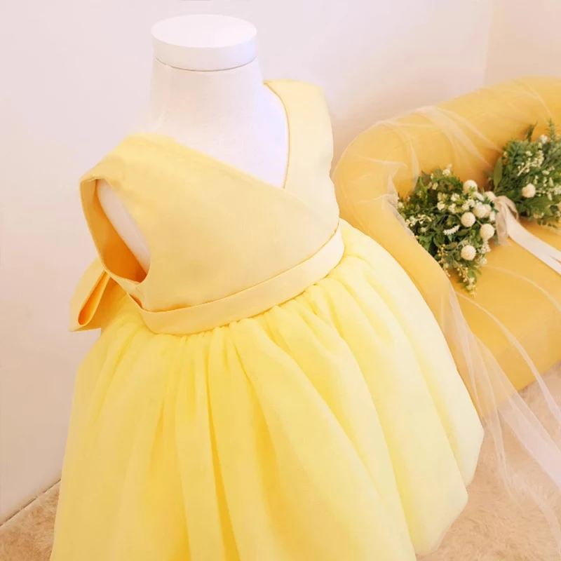 Bow Baby Girls Wedding Dress Tulle Toddler 1st Birthday Party Gown V-neck Infant Baby Princess Dresses For Girl Summer Clothes