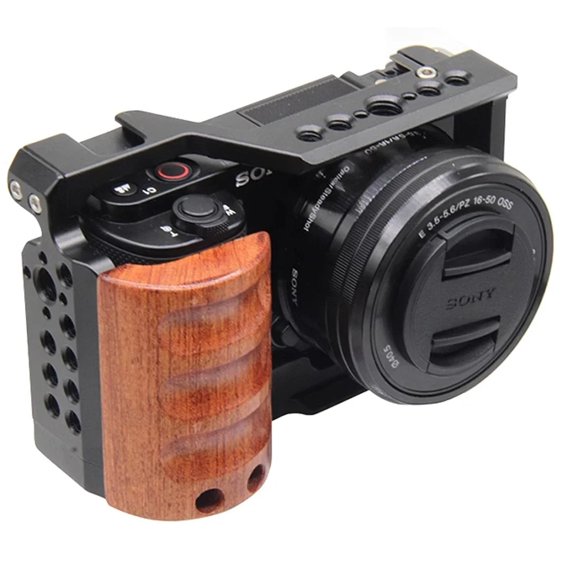 Topcine Camera Cage Sony ZV-E10 Full  with Wooden Handgrip for  Alpha ZVE10, Aluminum  Rig Photography Accessory