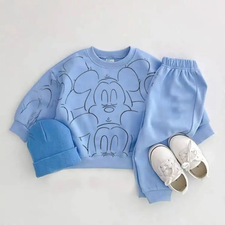 Brand Autumn Clothes Set Mickey And Minnie Print Hoodies Casual Sports 2PCS Toddler White Suits Cartoon Cotton Tops+Sweatpants