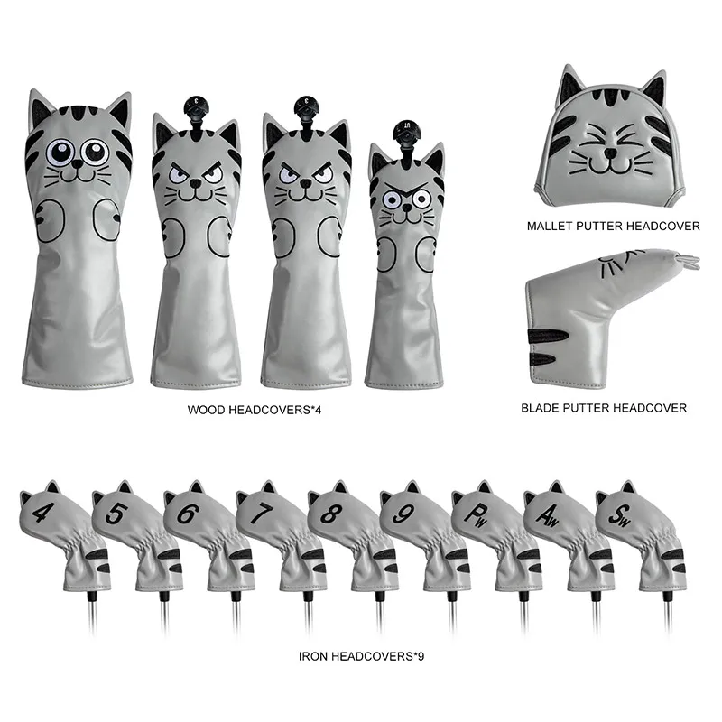 

Whole Set Headcover Including Driver Fairway Hybrid And Putter Iron Golf Clubs Covers Cute Cat Kitty PU Leather Animal Pattern