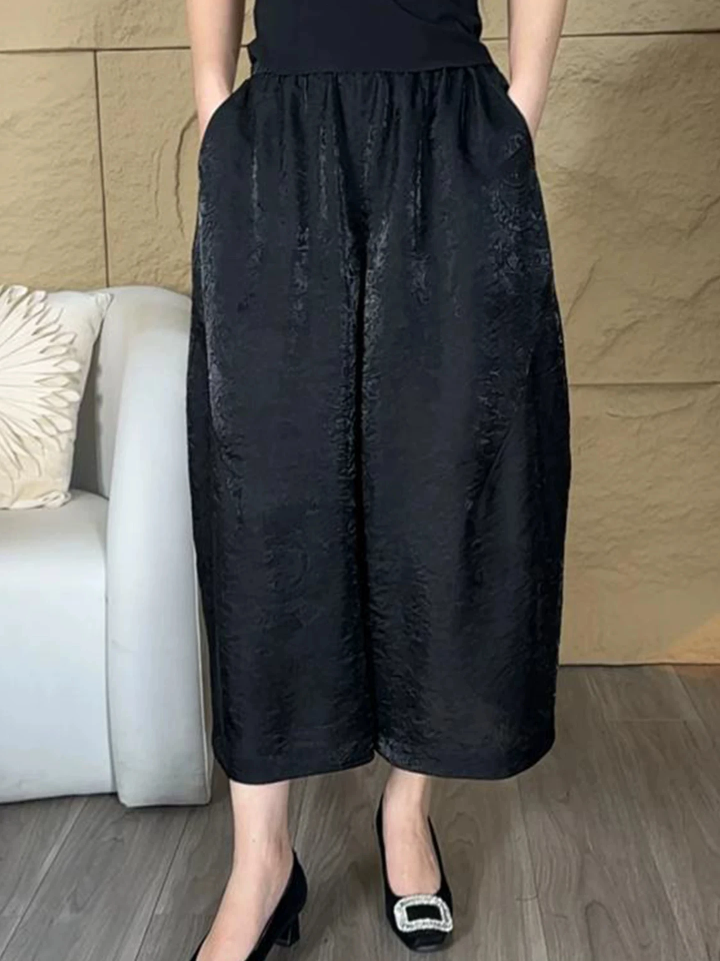 

Casual Breathable Summer New Style Embroidered Loose Fashionable Large Size Eight Flower Bud Pants High Waist Elastic Waistband
