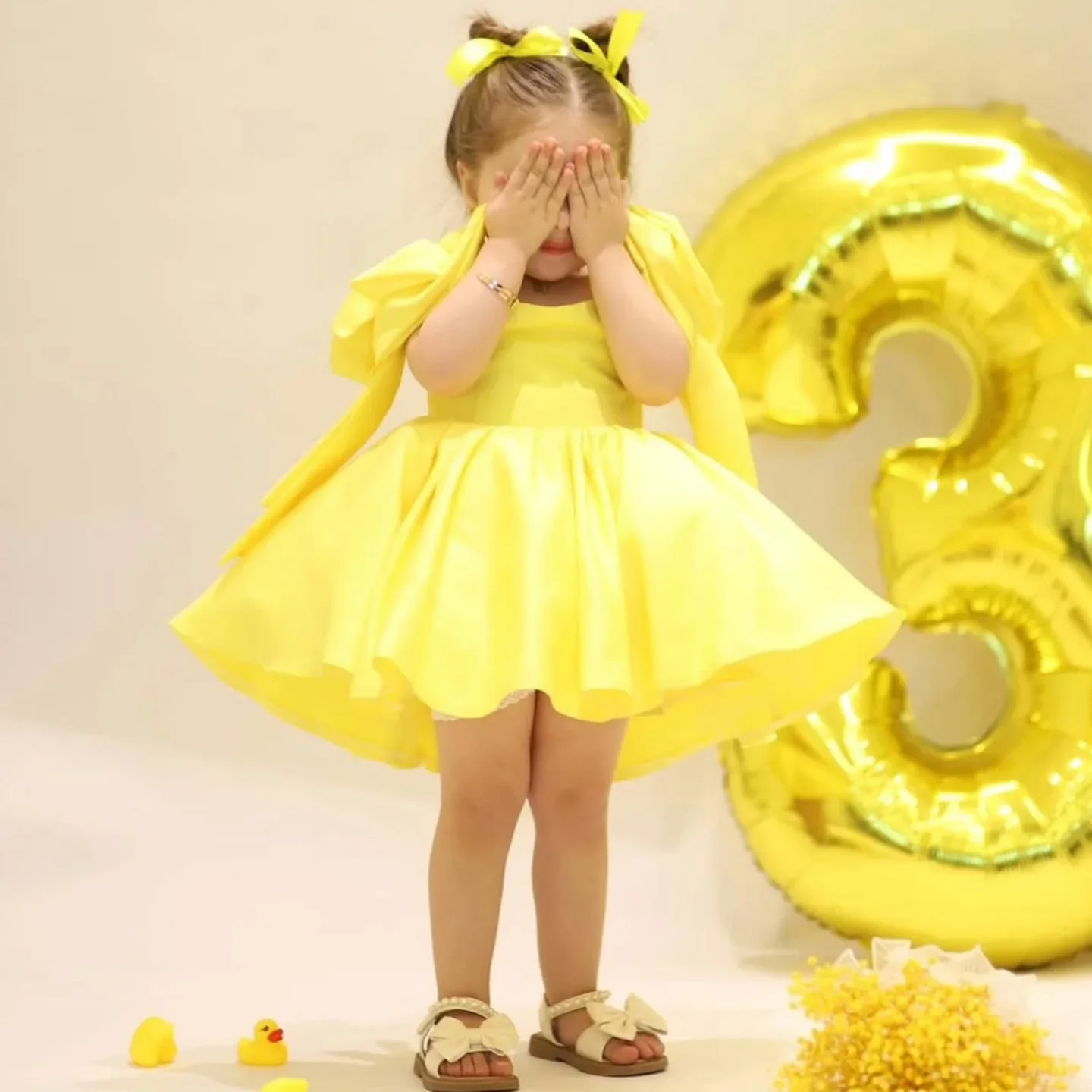 Party Princess Frocks New Puff Sleeves Kids Solid Color Christmas Girls One Year Old Dresses With Big Bow Festive Dress For Girl