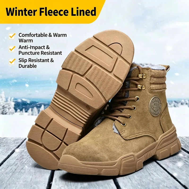 Winter-Rated, Fleece-Lined, High-Top Men's Safety Shoes with Steel Toes and Steel Mid-Soles for Impact and Puncture Resistance