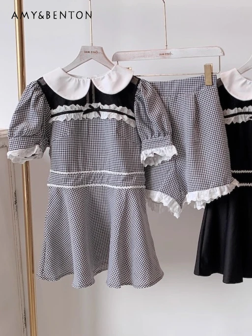 

Японский милый стиль девушки с бантом и кружевной отделкой в стиле пэчворк, кукольный воротник, короткий рукав, высокая талия, сим-платье, топ + кружевные шорты, комплекты