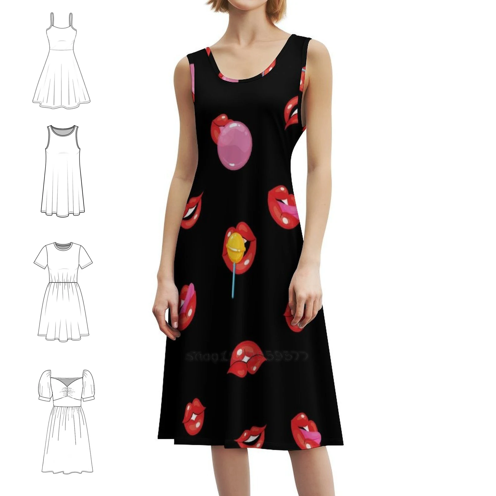 

Женское уличное праздничное платье с губами, модная клубная одежда с принтом для женщин, красное платье с резинками и жемчугом, черное платье с улыбкой