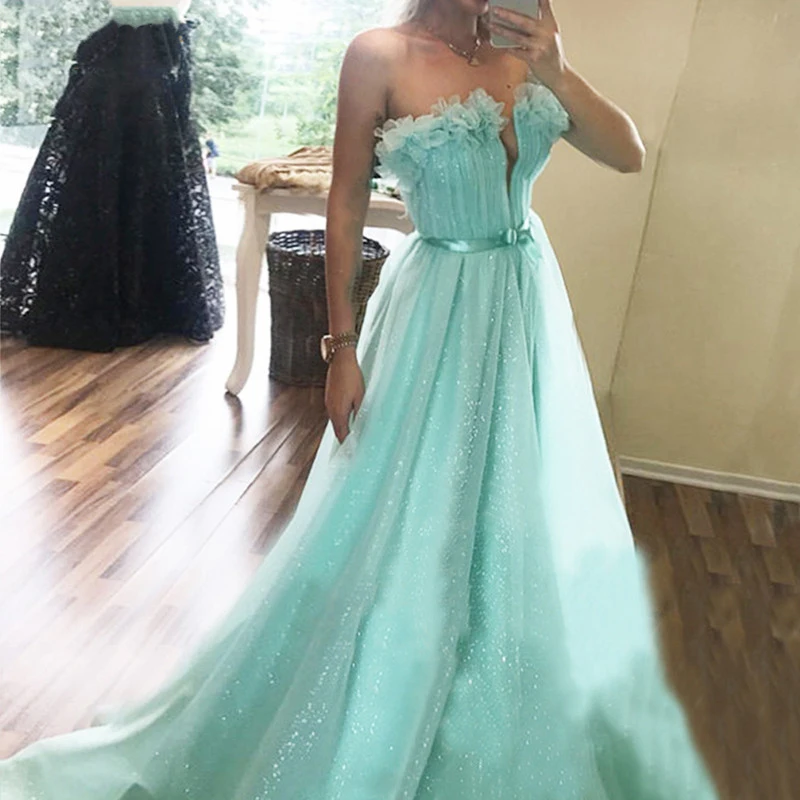 

BridalAffair A-Line Strapless Glitter Tulle Long Prom Dresses Pleats Evening Gowns Plus Size Sashes Women Gown vestidos de novia