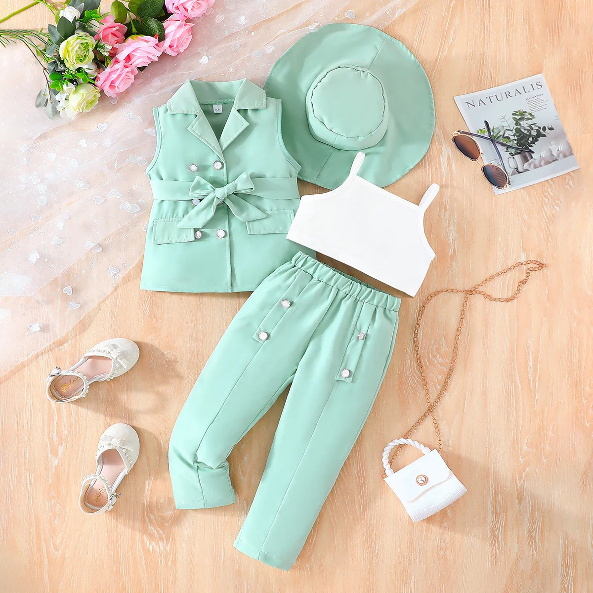 

Children Suit Girl Spring Fashion Vest Bow Solid Color Belt White Camisole Casual Wear Trendy Autumn European American Style