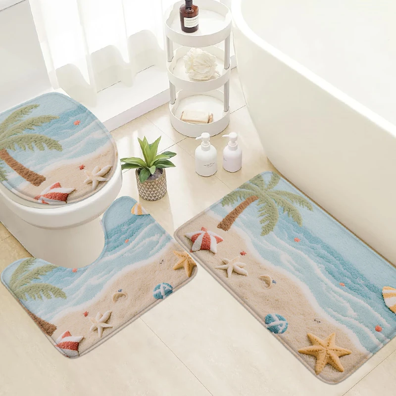 Ocean Landscape 3pc Bathroom Set Plush Rug Non-Slip Shower Cover U-Form Absorbing Floor Pad