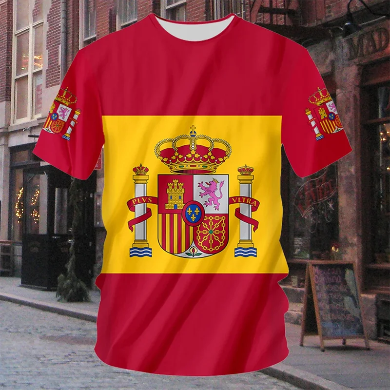 Spanish Flag Pattern T-shirts Summer O Neck Short Sleeve National Emblem 3D Printed T Shirts Loose Casual Streetwear Mens Tees