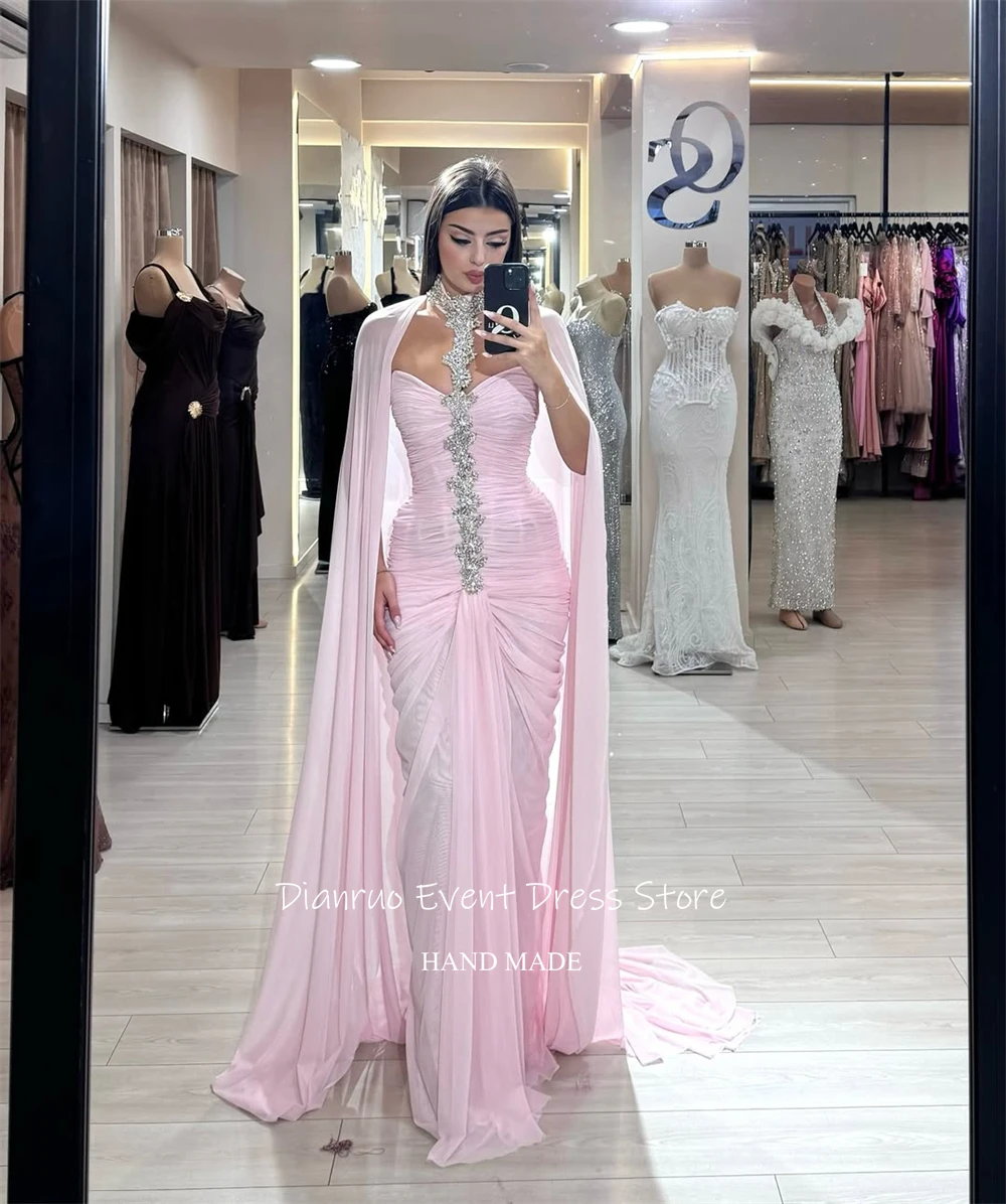 Dianruo ロマンチックなピンクのイブニングドレスキラキラビーズ付き Vestidos De Festa シフォンケープスタイルマーメイドローブ・ド・ソワレカスタマイズ