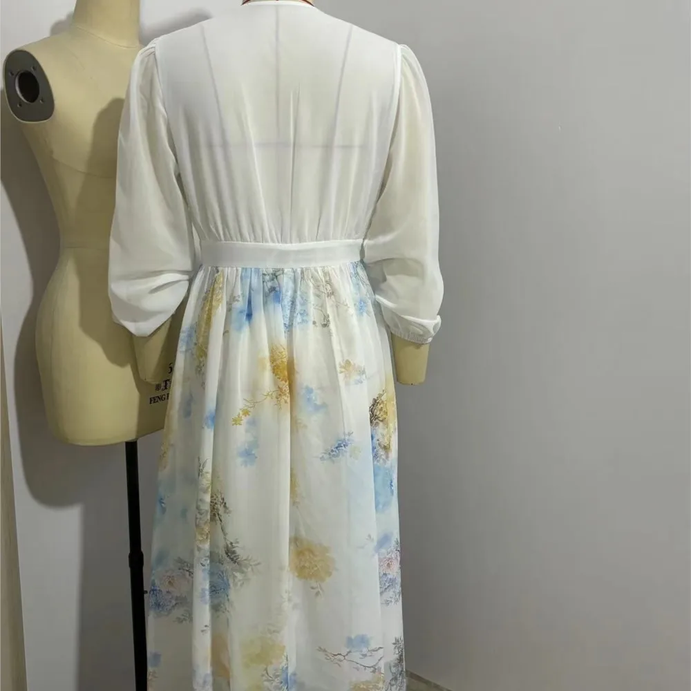 Vestido largo informal para mujer, ropa holgada informal elegante con estampado digital, vestidos de cintura alta con cuello en V y manga larga