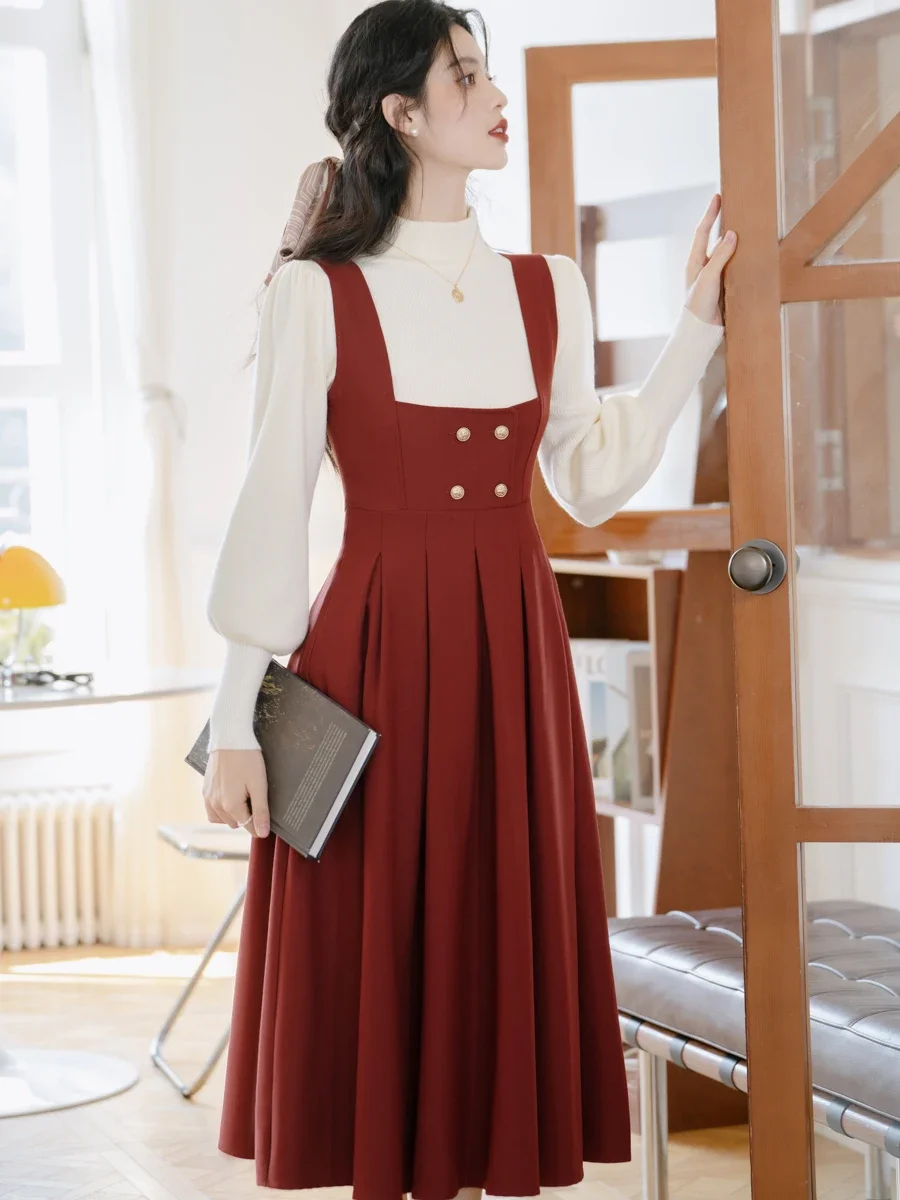 French Style Vintage 2 Piece Set Women Apricot Half High Neck Lantern Sleeve Sweater+Red Retro Pleated Dress Elegant Sets Autumn